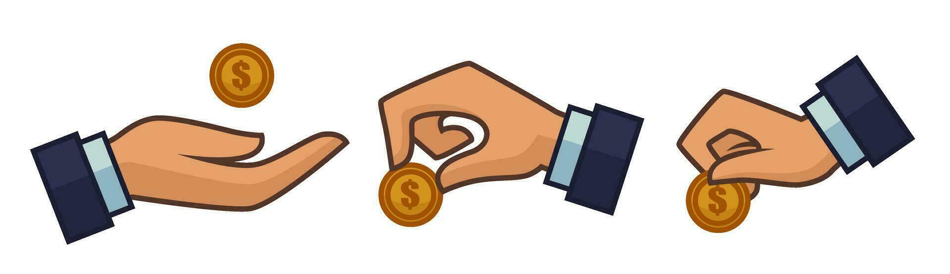 Hand giving or taking coin, dollar cash or tips vector