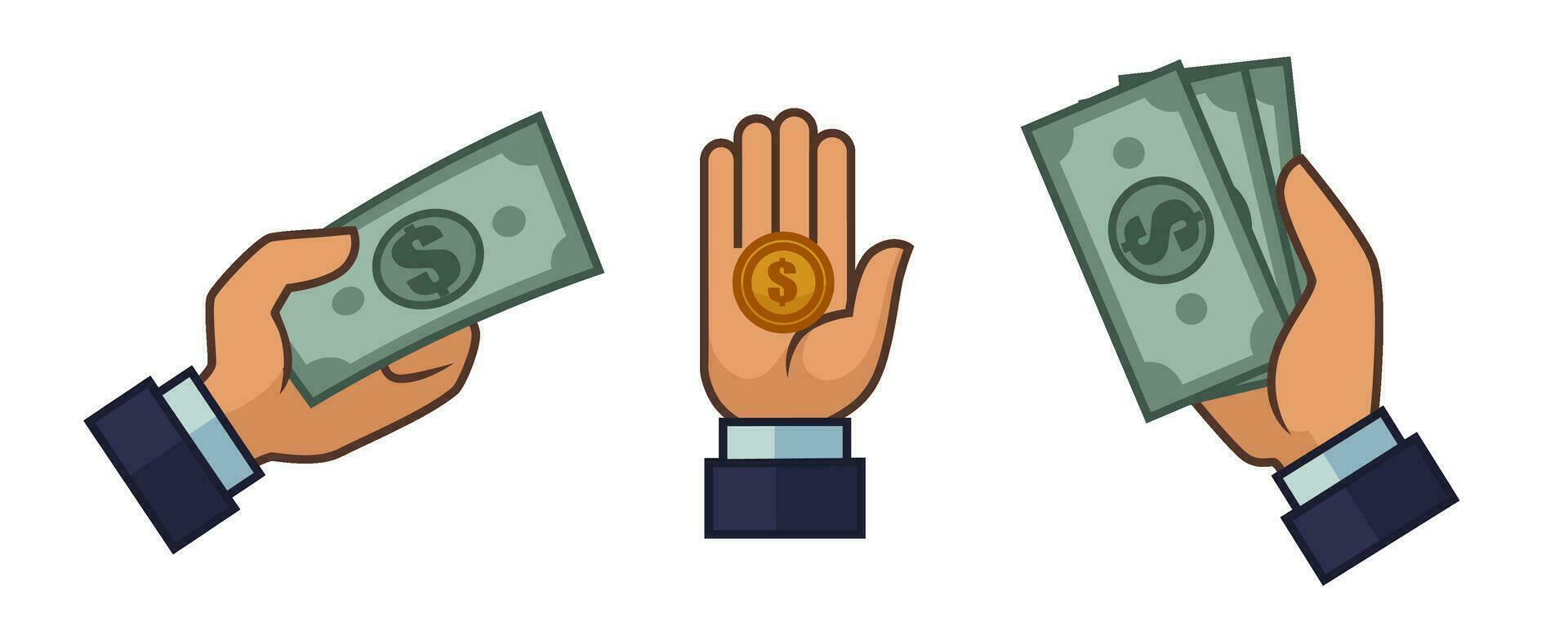 Hand giving or taking banknotes and dollar coins vector