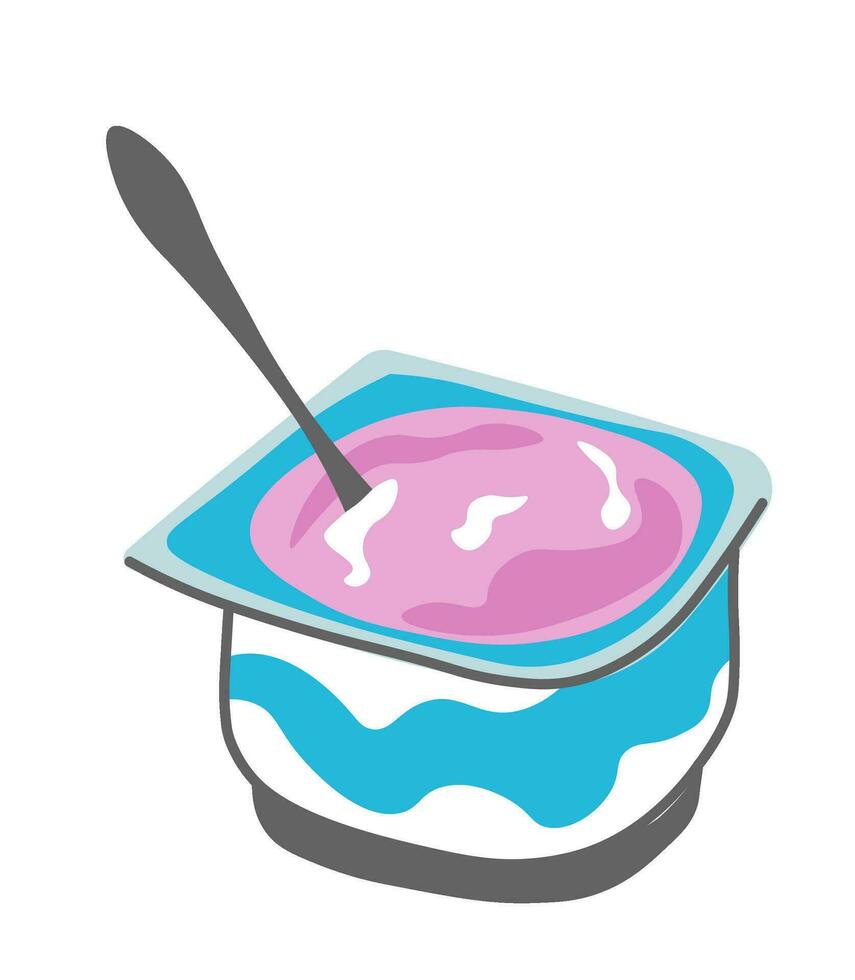 Yogurt in plastic container with spoon, snacks vector