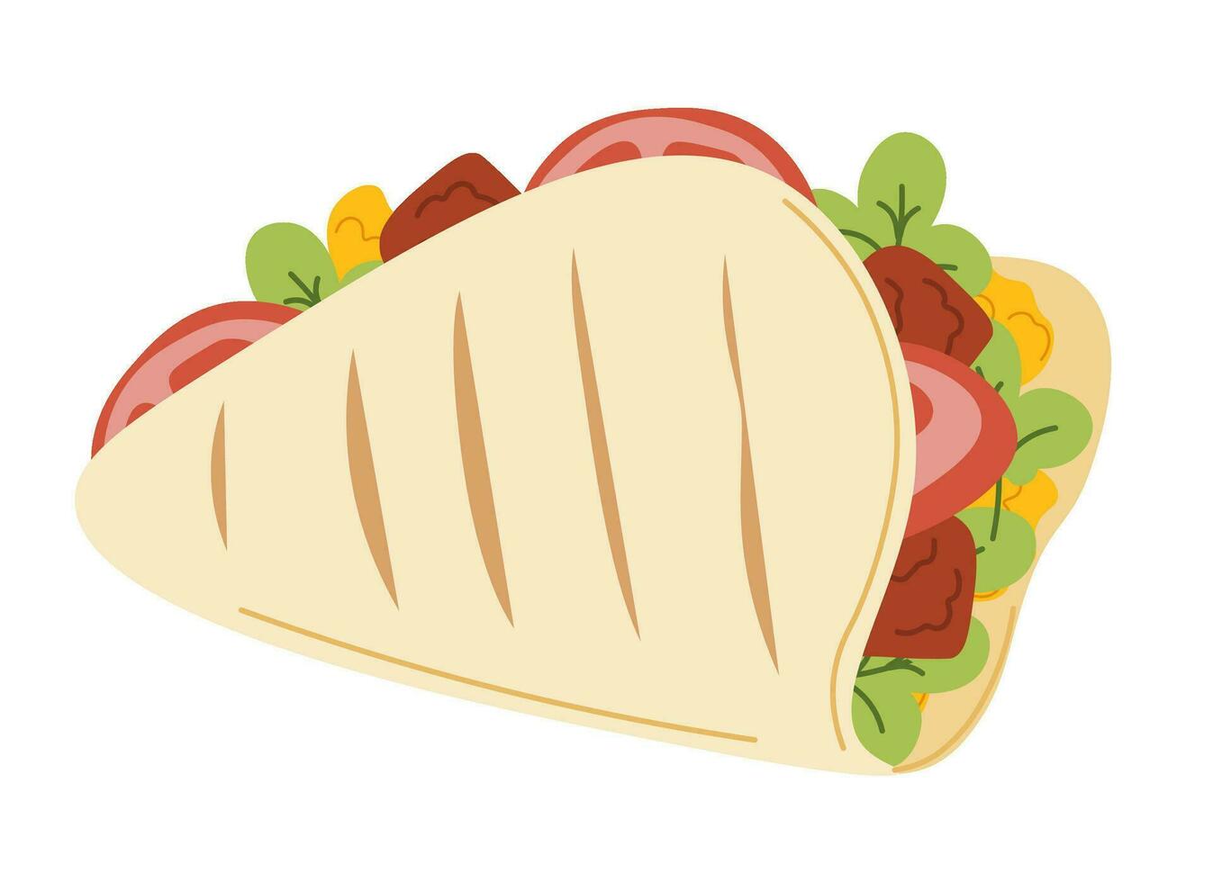 Roll wrap with meat and vegetables, tasty snack vector