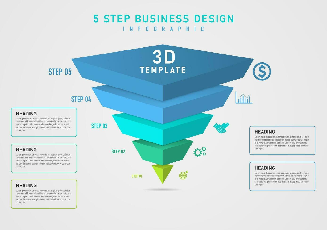 3D infographic template 5 steps triangle inverted pyramid divided into multicolored segments Several icons on the right with square frame and gray gradient background lettering for business, marketing vector