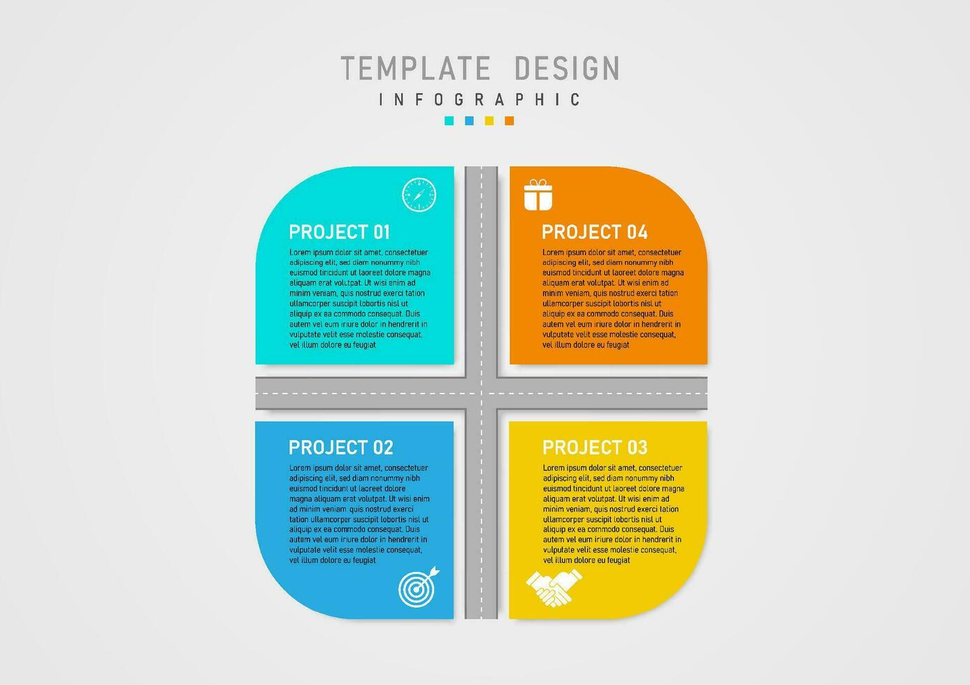 infografía modelo sencillo multi de colores cuadrícula con letras y íconos en arriba, la carretera en centro, gris degradado antecedentes. diseño para negocio, marketing, proyecto, planificación, producto inversión. vector