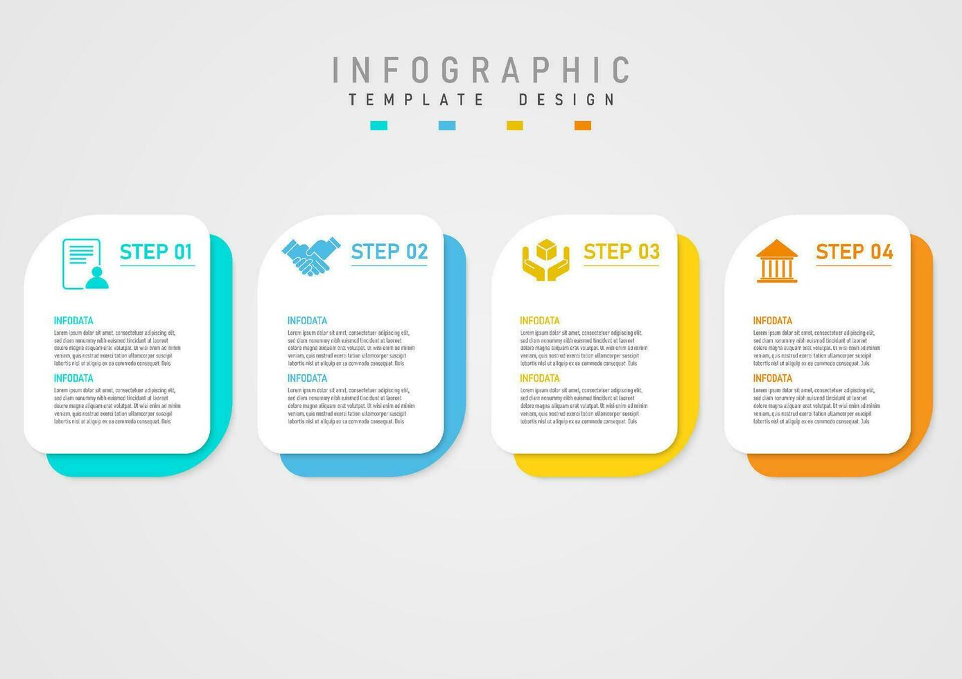 infographic business 4 step design simple template Multi-colored squares below. Icons with letters on white background on gray gradient background for planning, marketing, project, product. vector