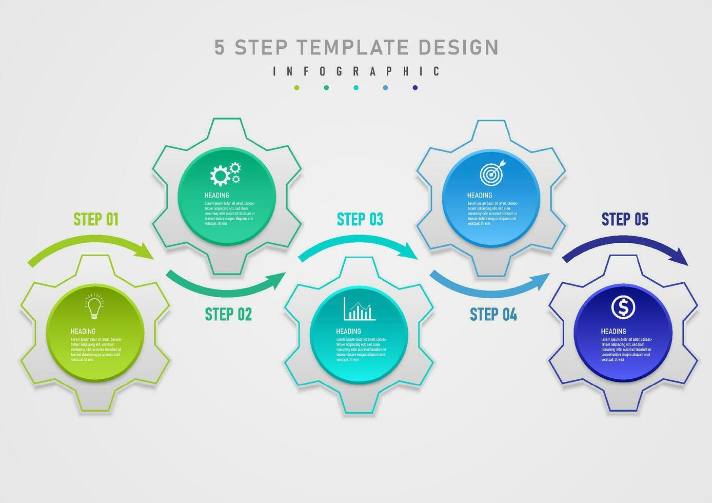 infografía modelo 5 5 pasos engranajes con multi de colores círculos letras y íconos encima centrar flecha en gris degradado antecedentes. diseño para negocio, planificación, marketing, proyecto, producto, inversión. vector