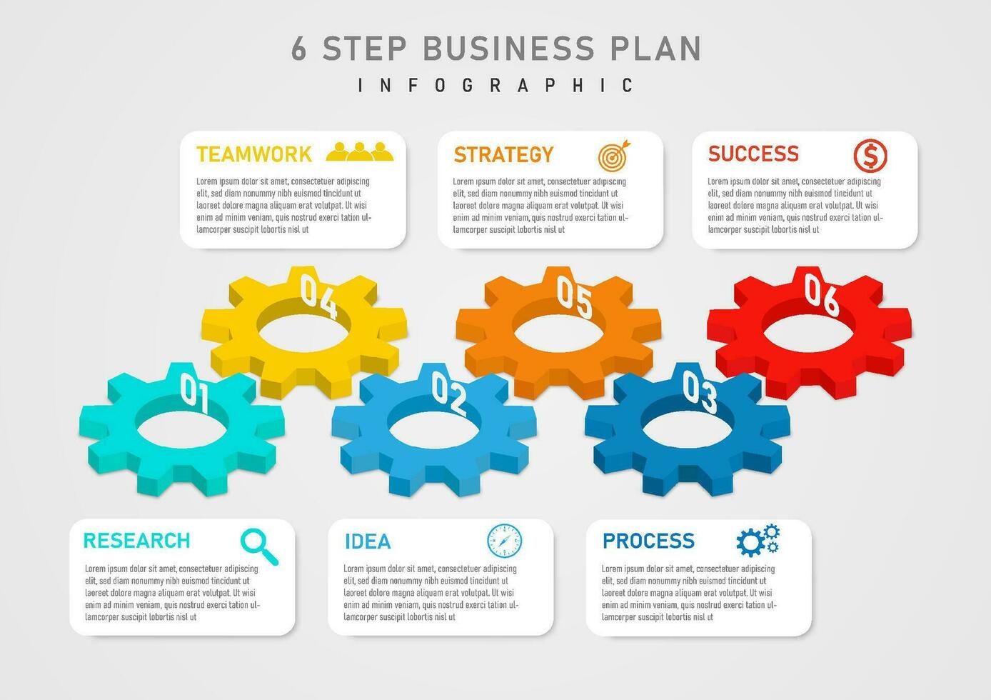 3D infographic 6 steps business planning Isometric multicolored gears have numbers in the middle A white square frame with letters and icons on a gray gradient background. vector