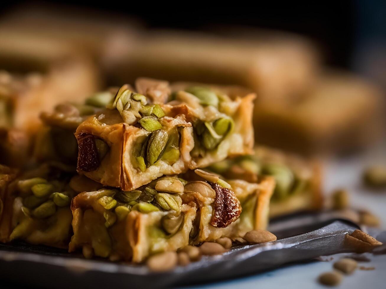 Photo of assorted pistachio baklava. Ai generated