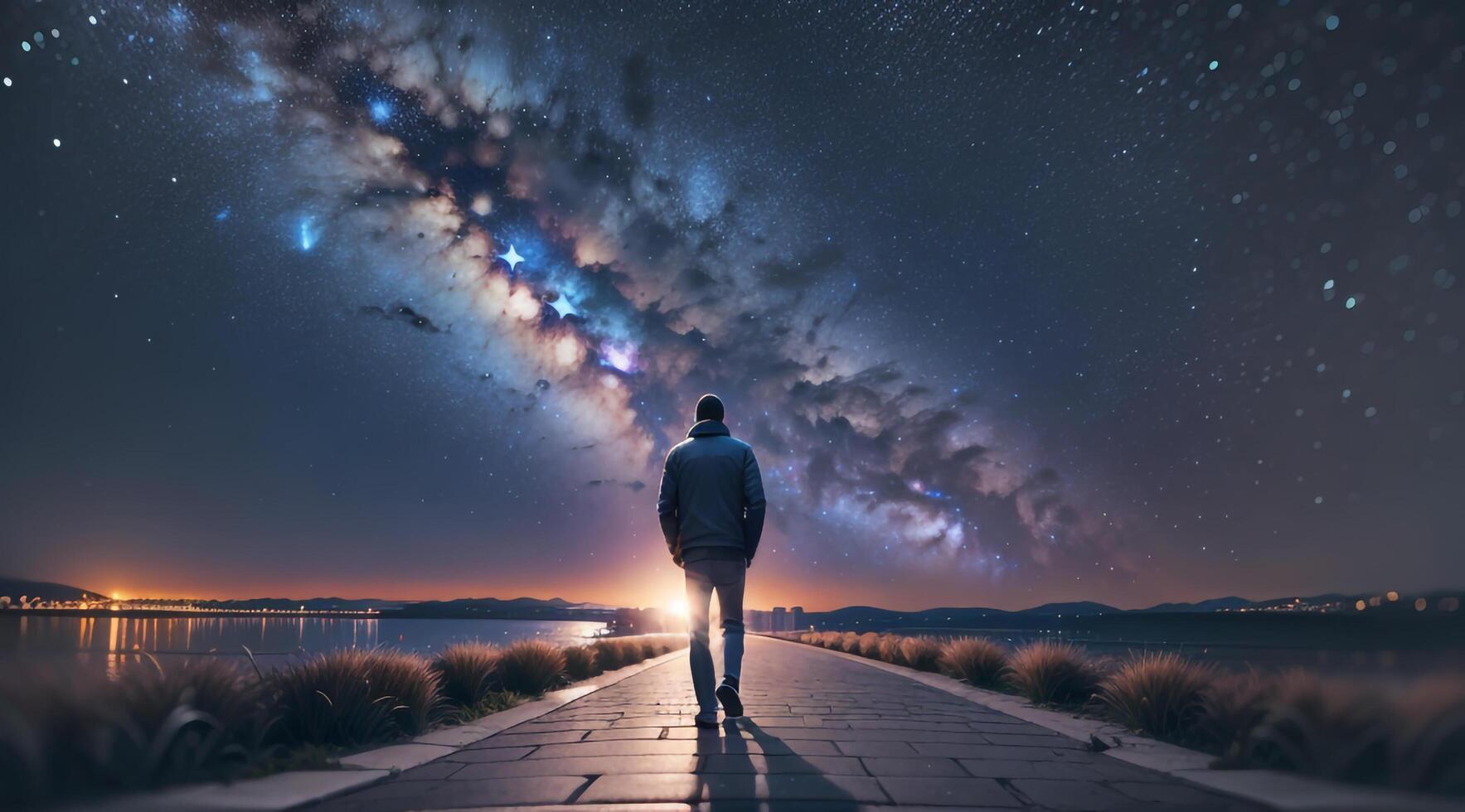 a man walking on a street with a view of night sky and galaxy. Image. photo