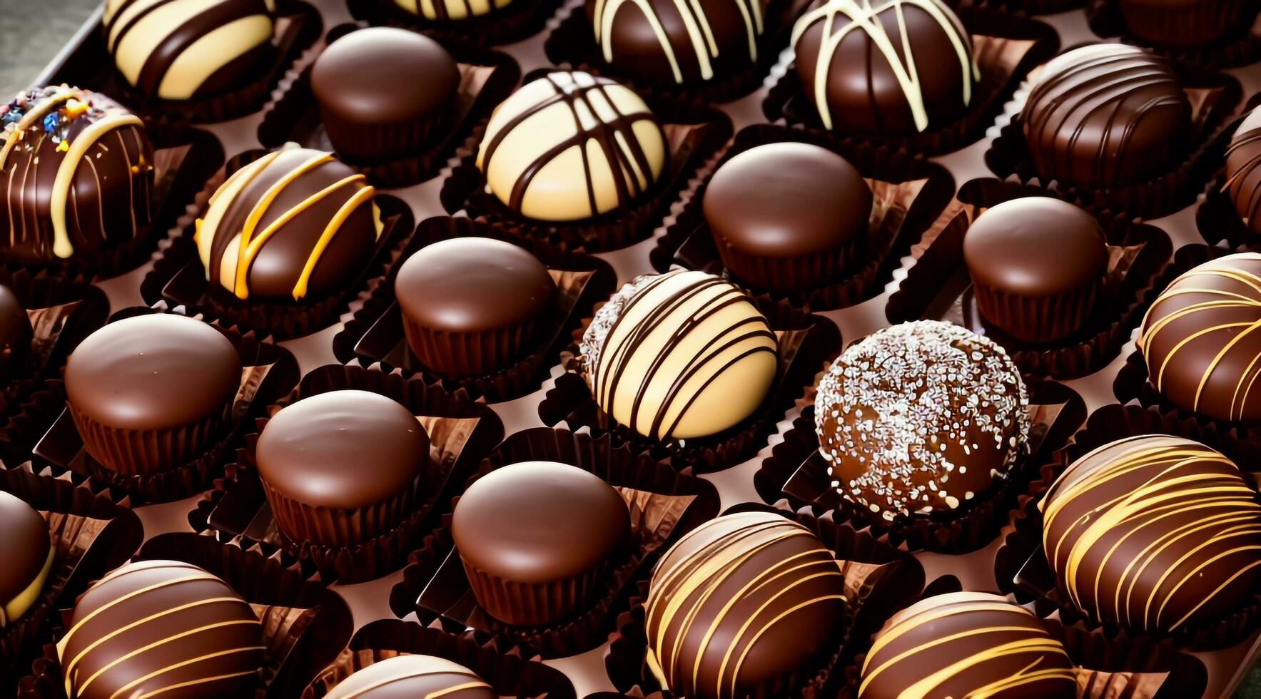delicioso clasificado chocolates en un mesa. ai generado. foto