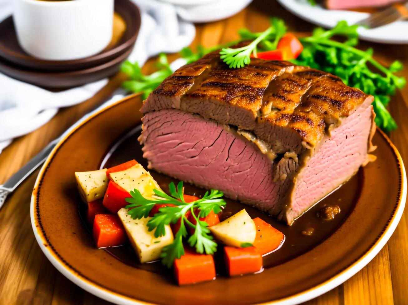 A plate of food with sliced roast beef. Image. photo