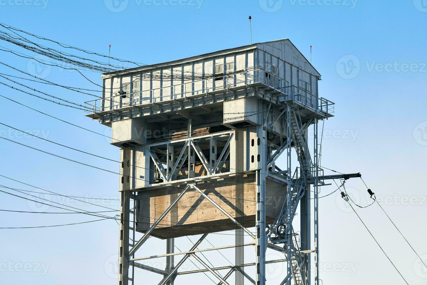 Two-tier vertical lift bridge with railways car road photo