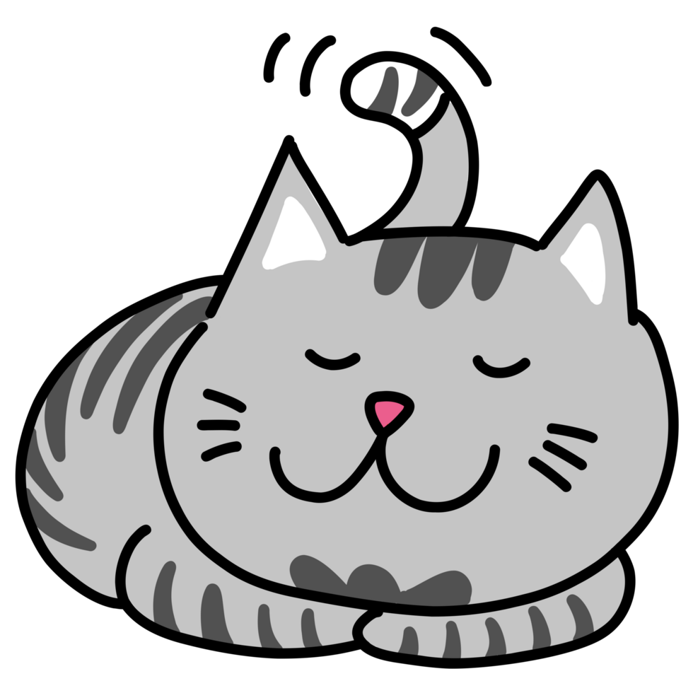 Grey cat happily sleeps, moving tail png