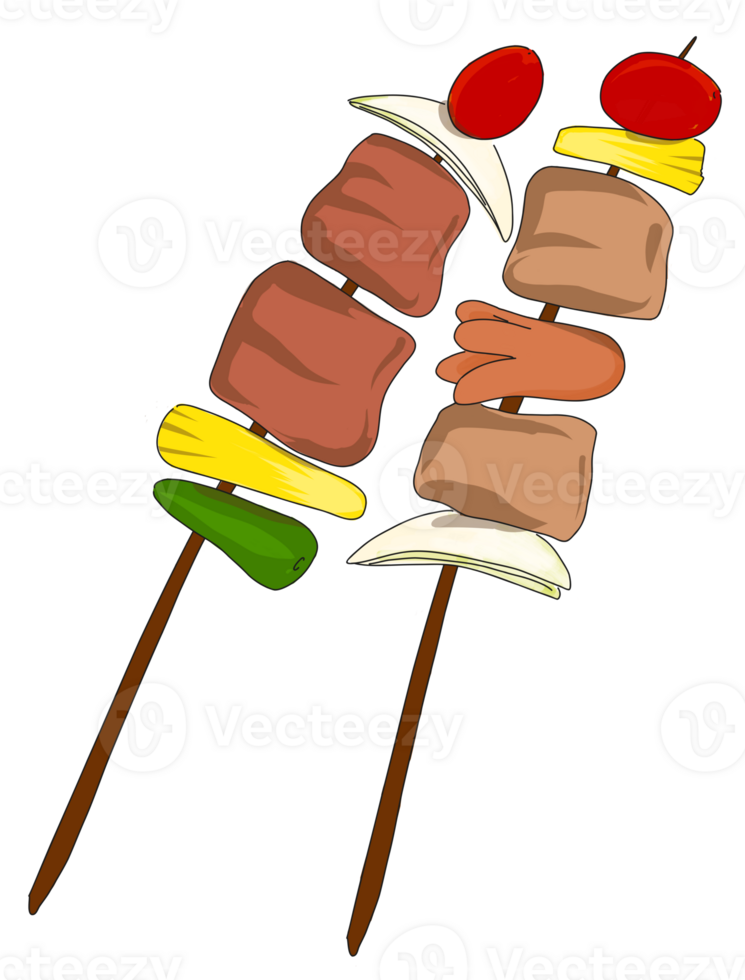 Camping barbecue skewers, mix of meat, fruits and vegetables png