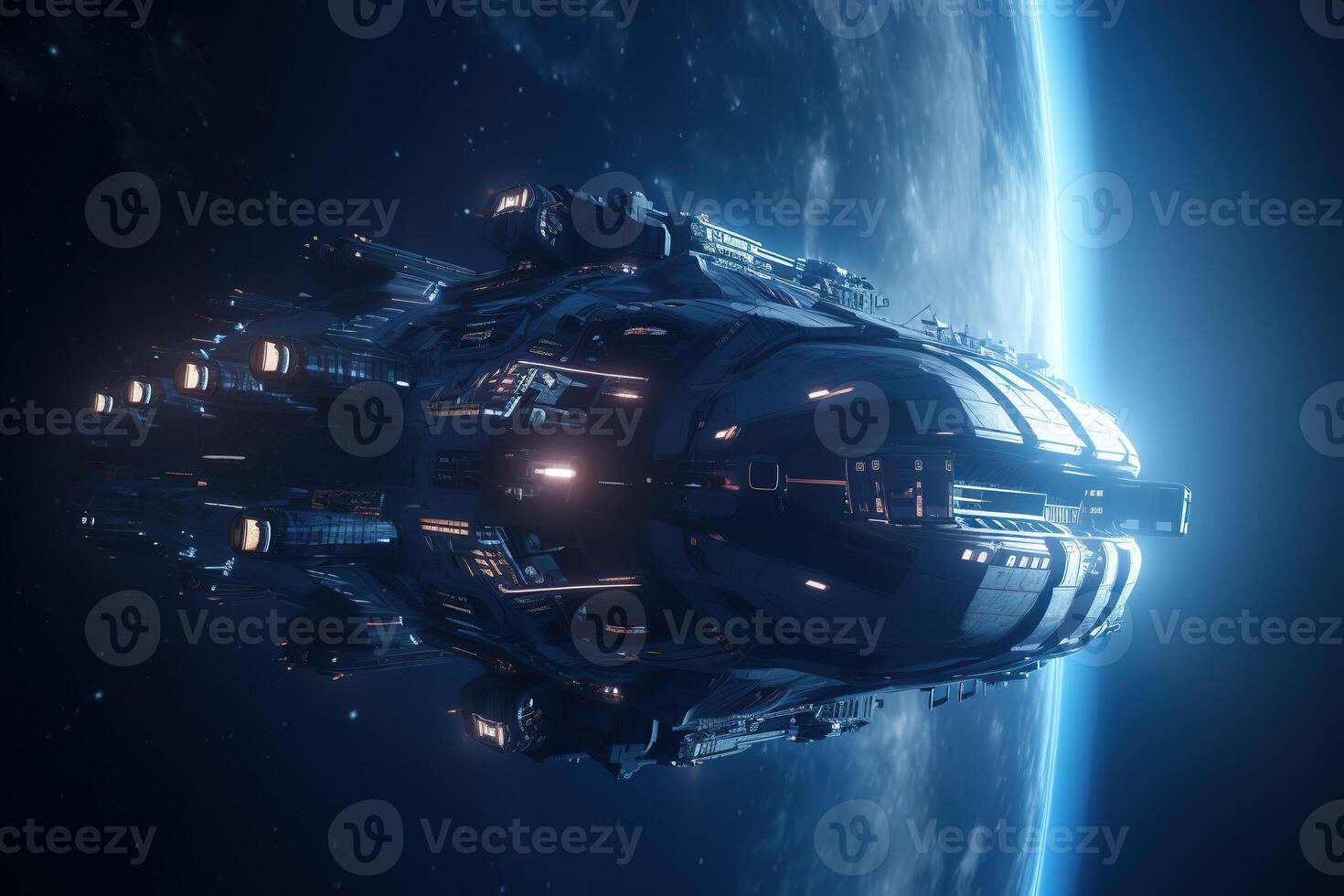 Large interstellar spaceship in space, futuristic ship flying against background of planet. Sci-fi, future technology illustration. photo