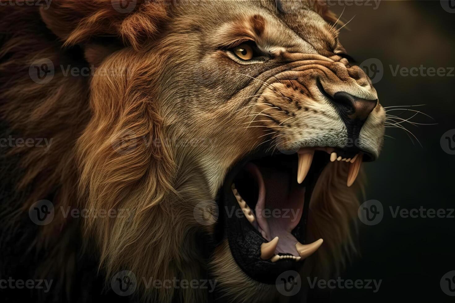 Roaring lion, close-up aggressive angry predator, animal illustration. Generative AI photo