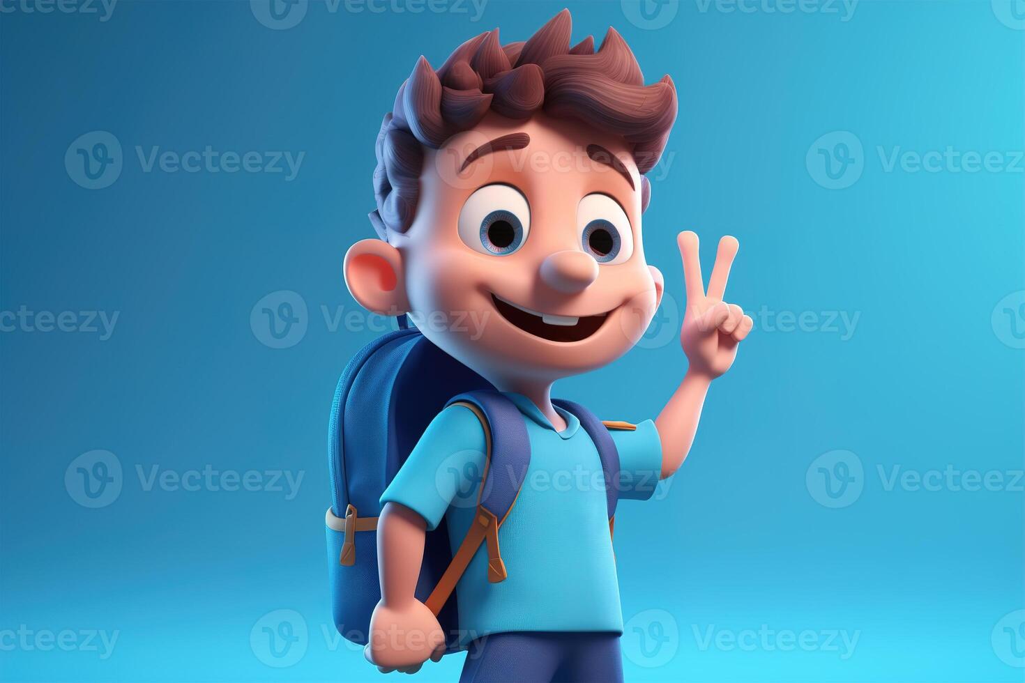 Cheerful caucasian schoolboy with backpack with joyful expression showing peace gesture, back to school concept. Volumetric cartoon doodle illustration of photo