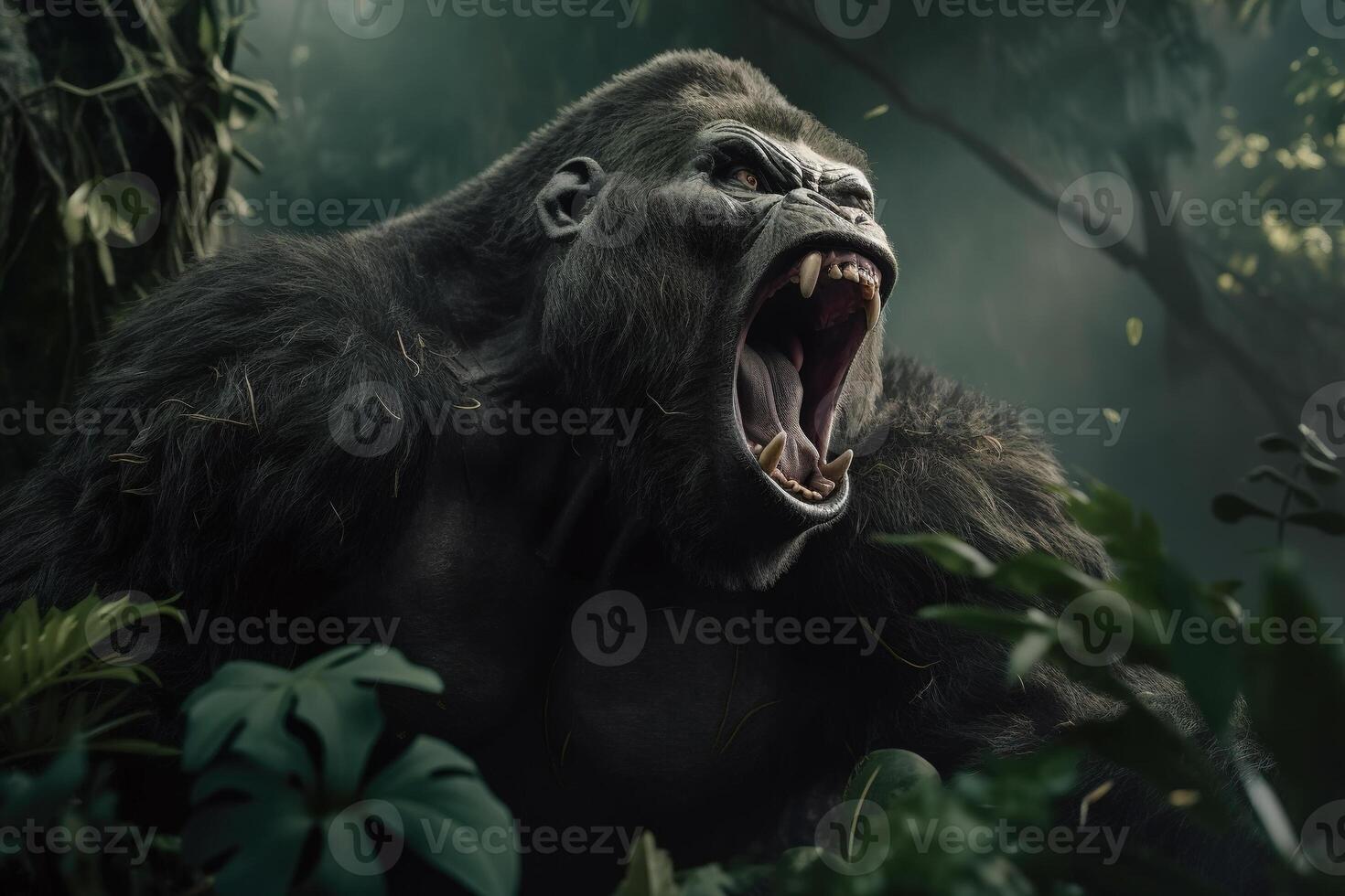 Angry aggressive monkey gorilla in jungle. Screaming king kong in forest. Generative AI animal illustration photo