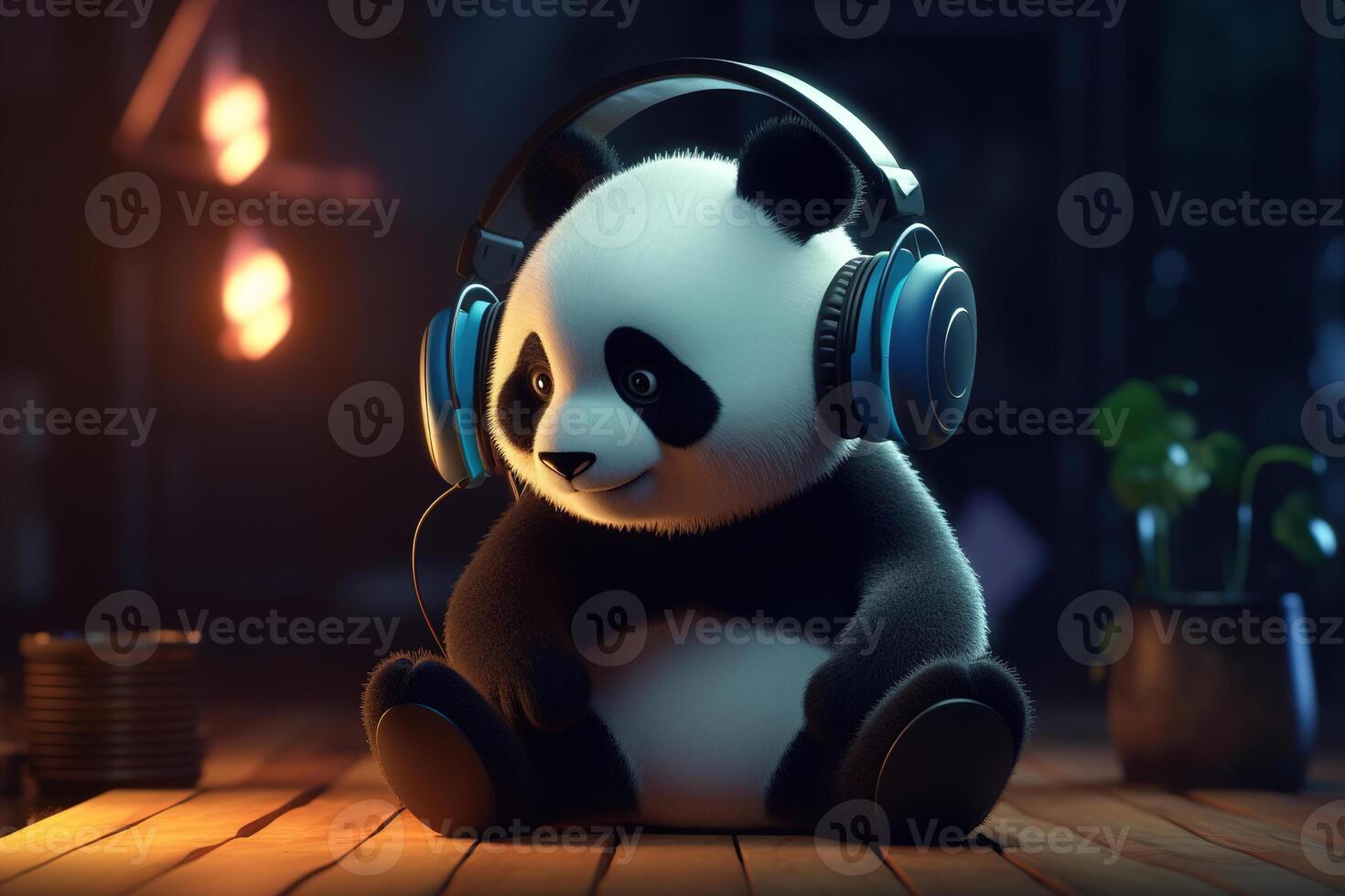 Cute funny panda wearing headphones listening to music while sitting on floor indoors. Animal Generative AI photo