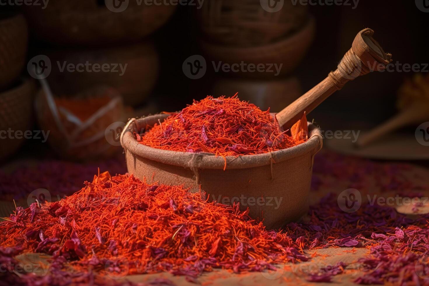 Saffron in a wooden bowl, close-up. Generative AI photo