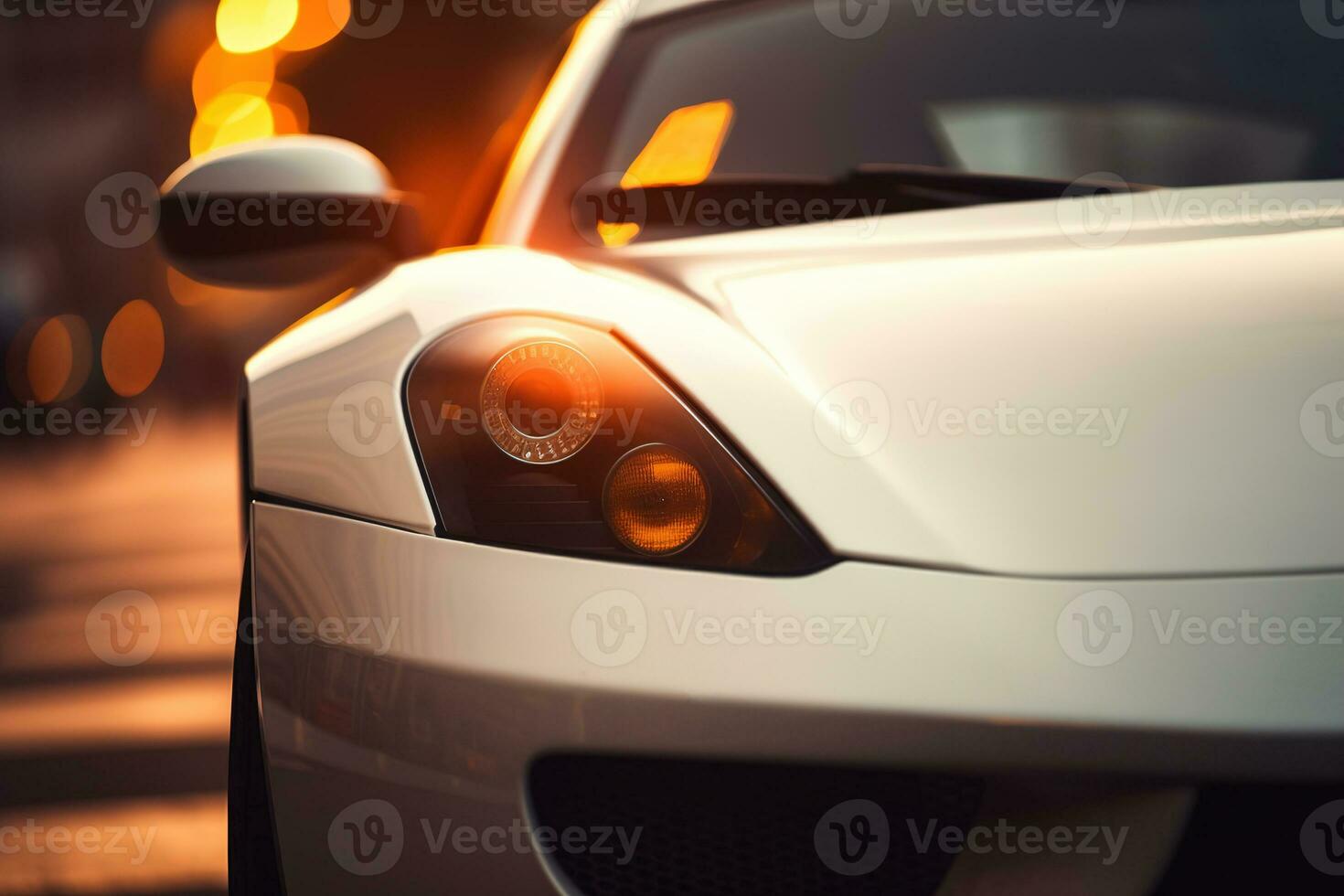 Close-up front headlight of modern sports white car outdoors. Generative AI photo