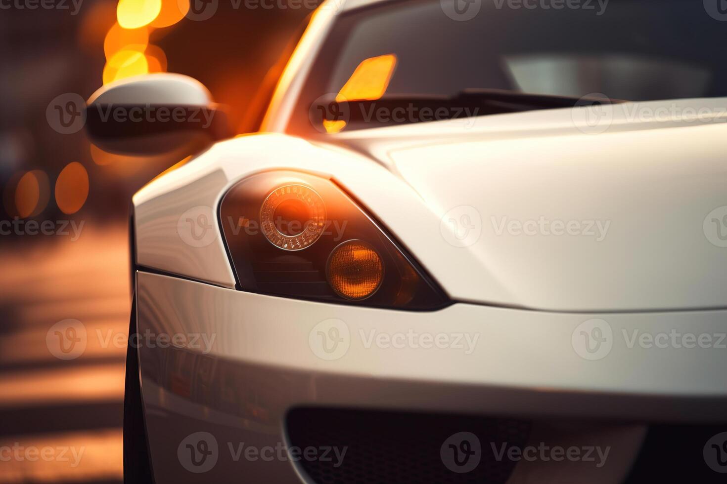 Close-up front headlight of modern sports white car outdoors. photo