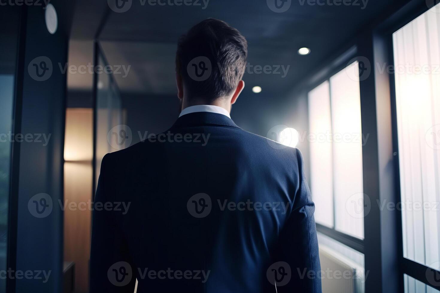 Businessman in suit walking down corridor in office. Rear view of an unrecognizable stylish man in an office building indoors. Generative AI photo