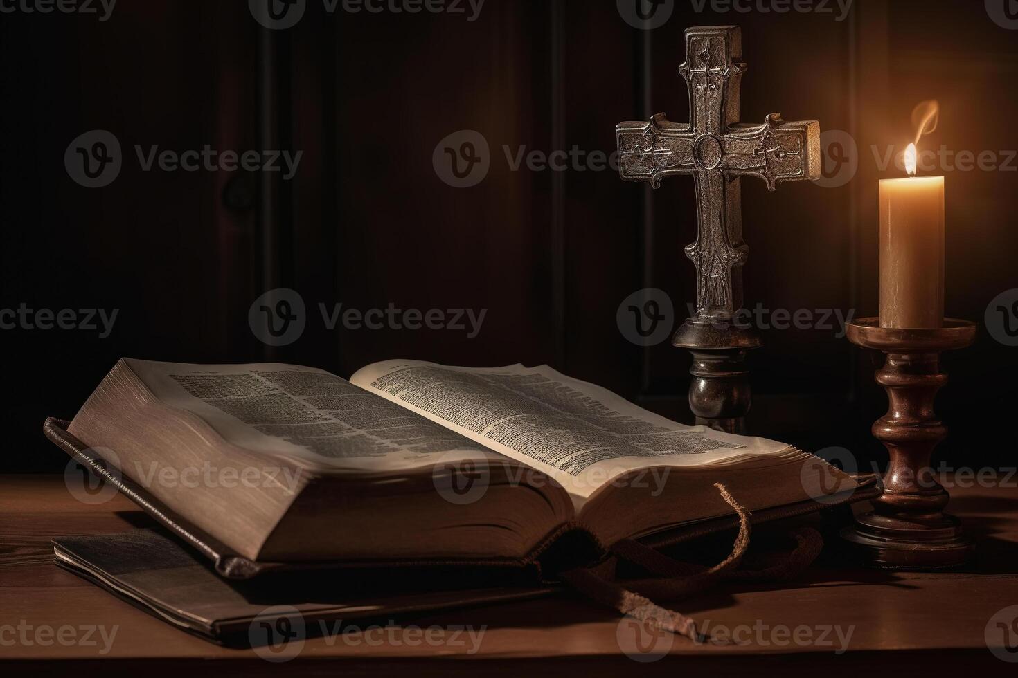 Holy religious ancient book bible, cross and burning candle on wooden table. Generative AI photo