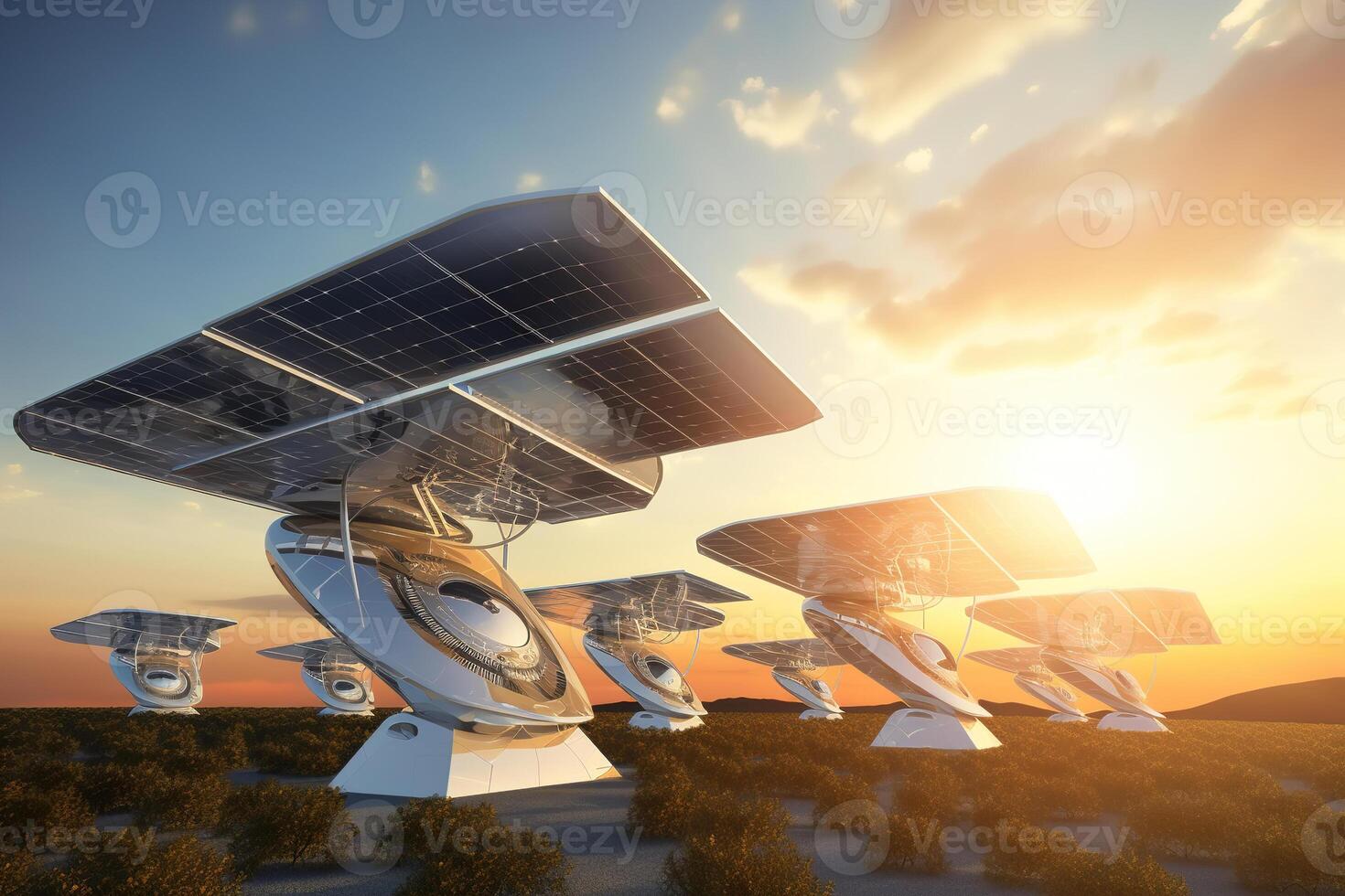 Row of futuristic solar panel installations in field, sunny day. Alternative eco energy of future. photo