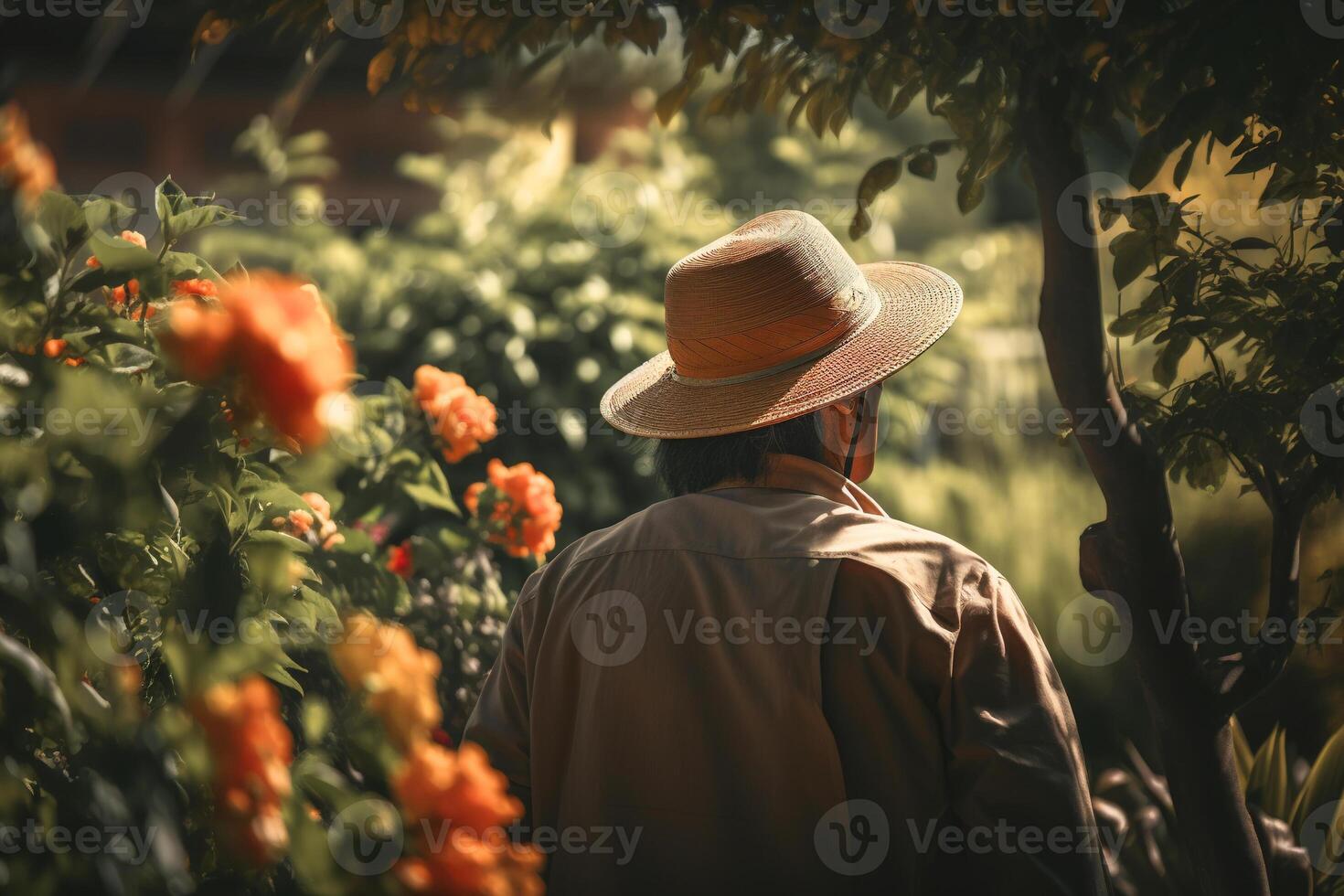 irreconocible masculino jardinero en Paja sombrero en jardín al aire libre en soleado día. pasatiempo jardinería, floricultura concepto. de cerca, ver desde el atrás. generativo ai foto