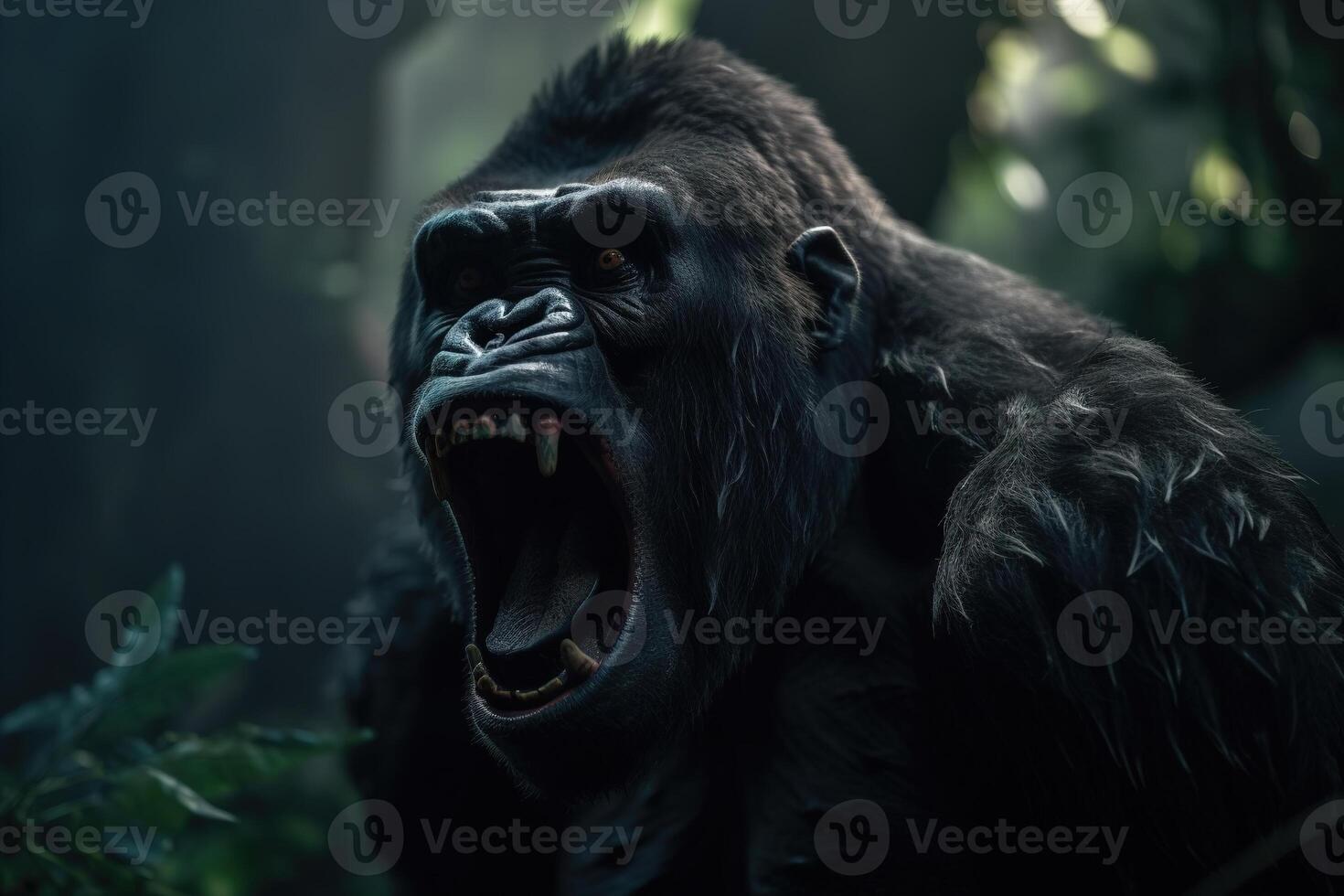 Screaming big monkey gorilla in the jungle, animal illustration. Generative AI photo