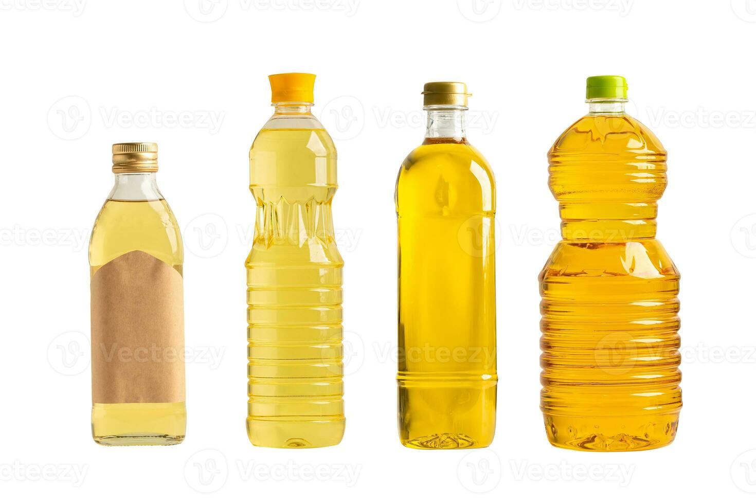 Vegetable oil with olive oil in different bottle for cooking isolated on white background with clipping path. photo