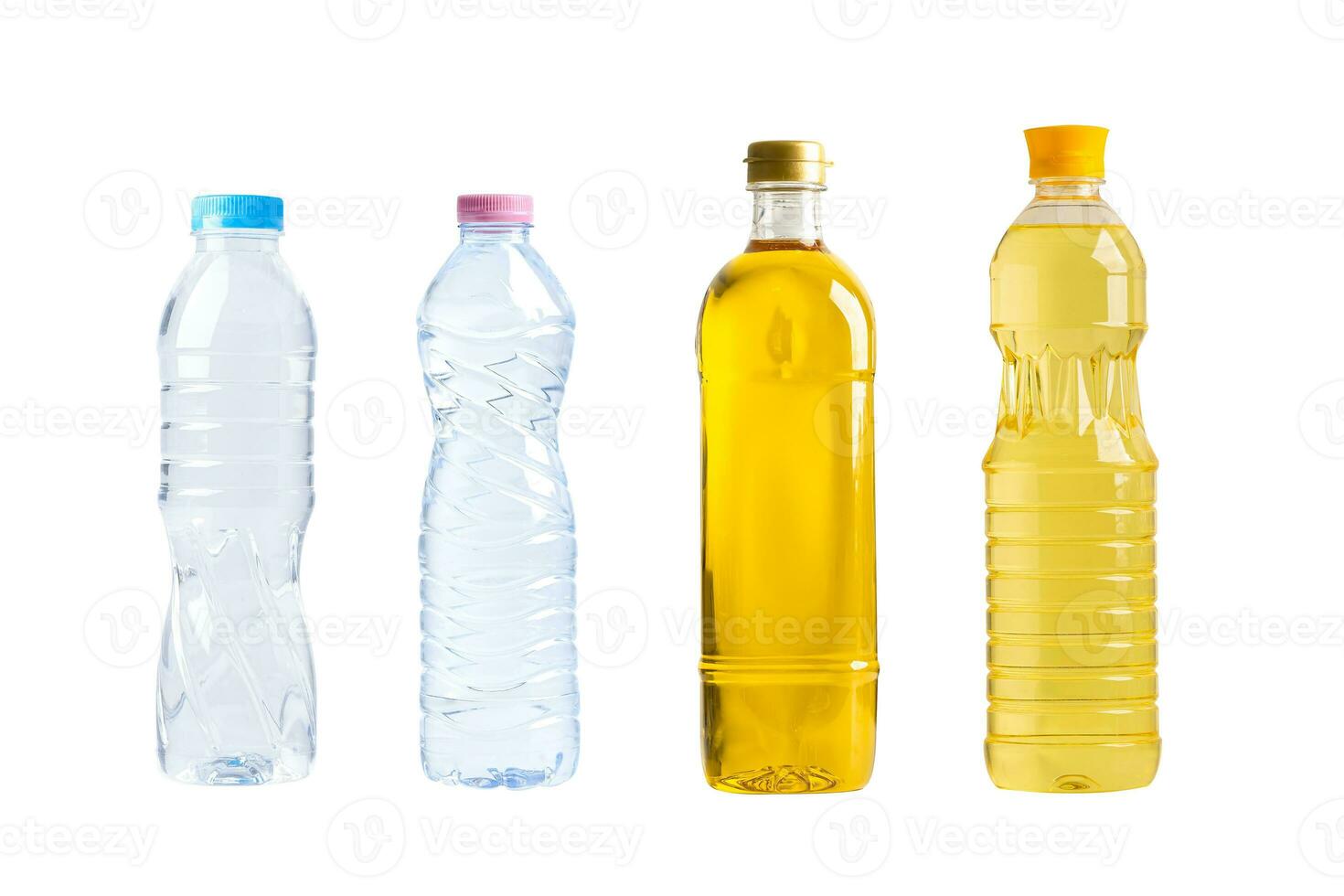 Vegetable oil with waterl in different bottle for cooking isolated on white background. photo