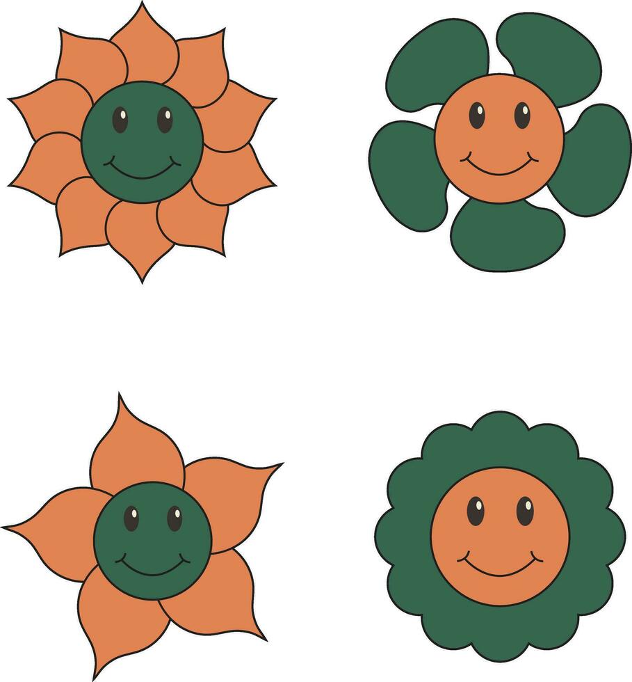 Groovy Flower Retro. Funny happy daisy with eyes and smile. Isolated vector illustration.