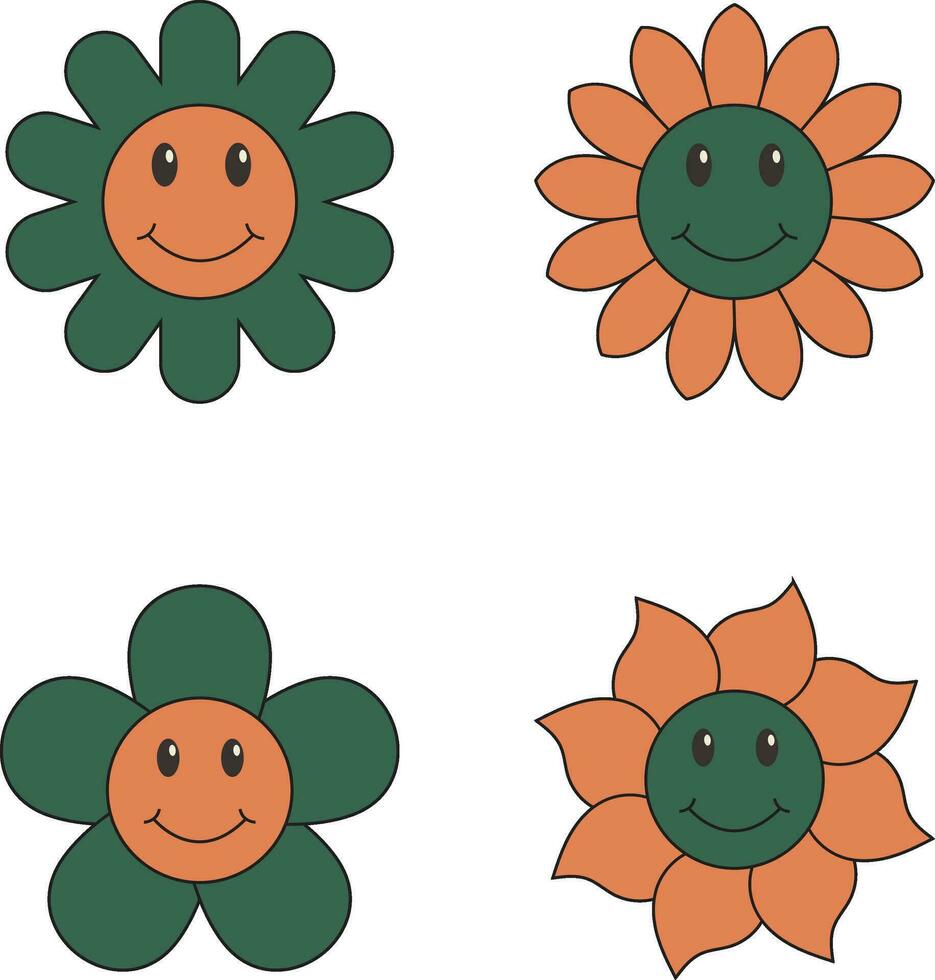 Groovy Flower Retro. Funny happy daisy with eyes and smile. Isolated vector illustration.