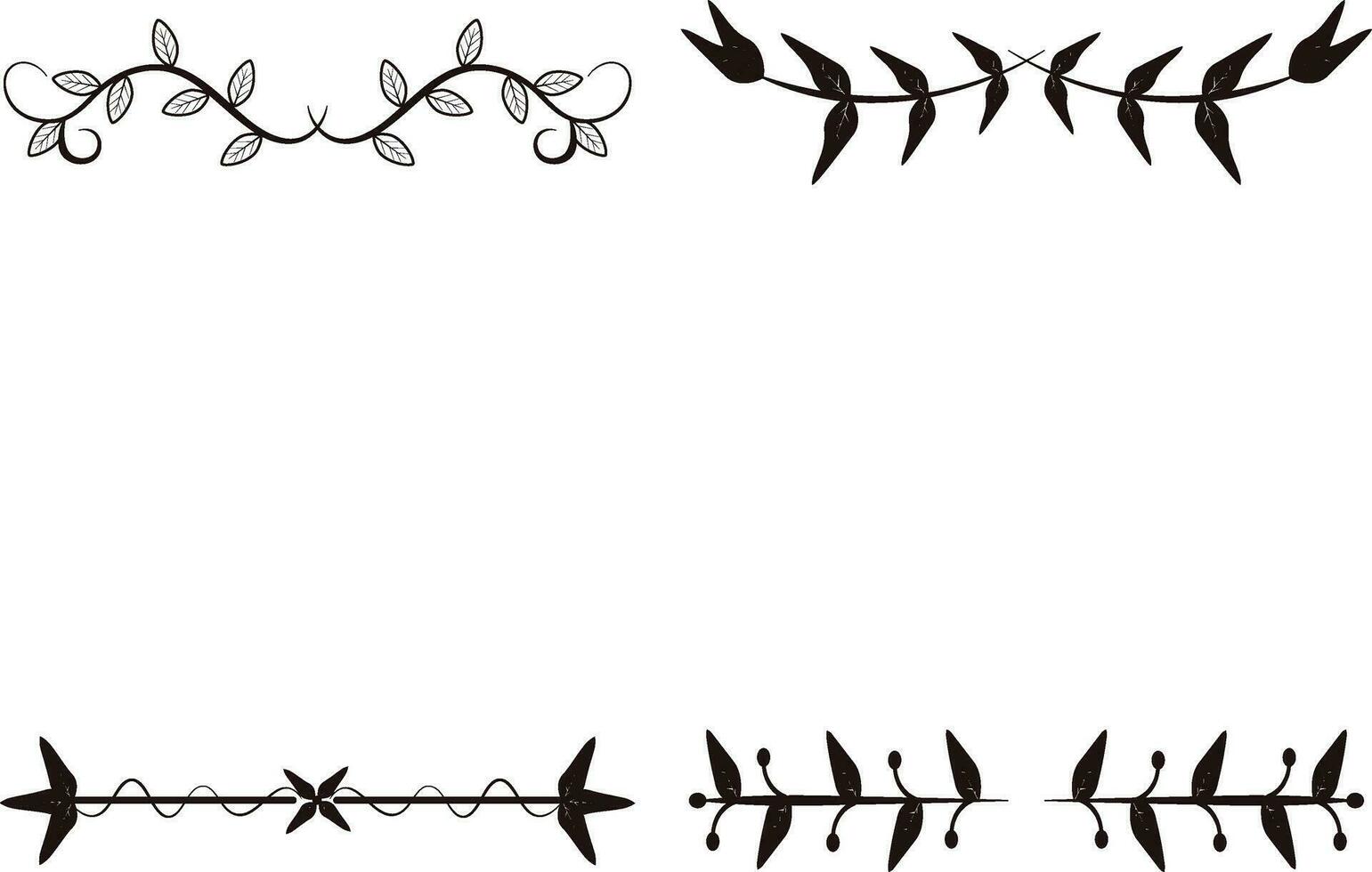 Floral Divider, Borders with Branches, Plants and Flowers. Decoration Outline Vector Illustration. Flower Divider Collection