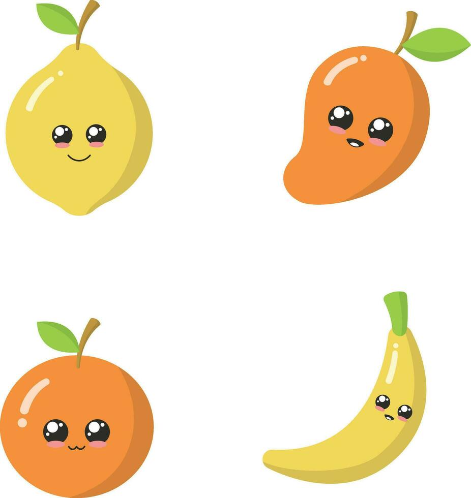 Cute Fruit Illustration. Happy cute set of smiling fruit faces. Vector set of flat cartoon illustration icons. Isolated on white background.