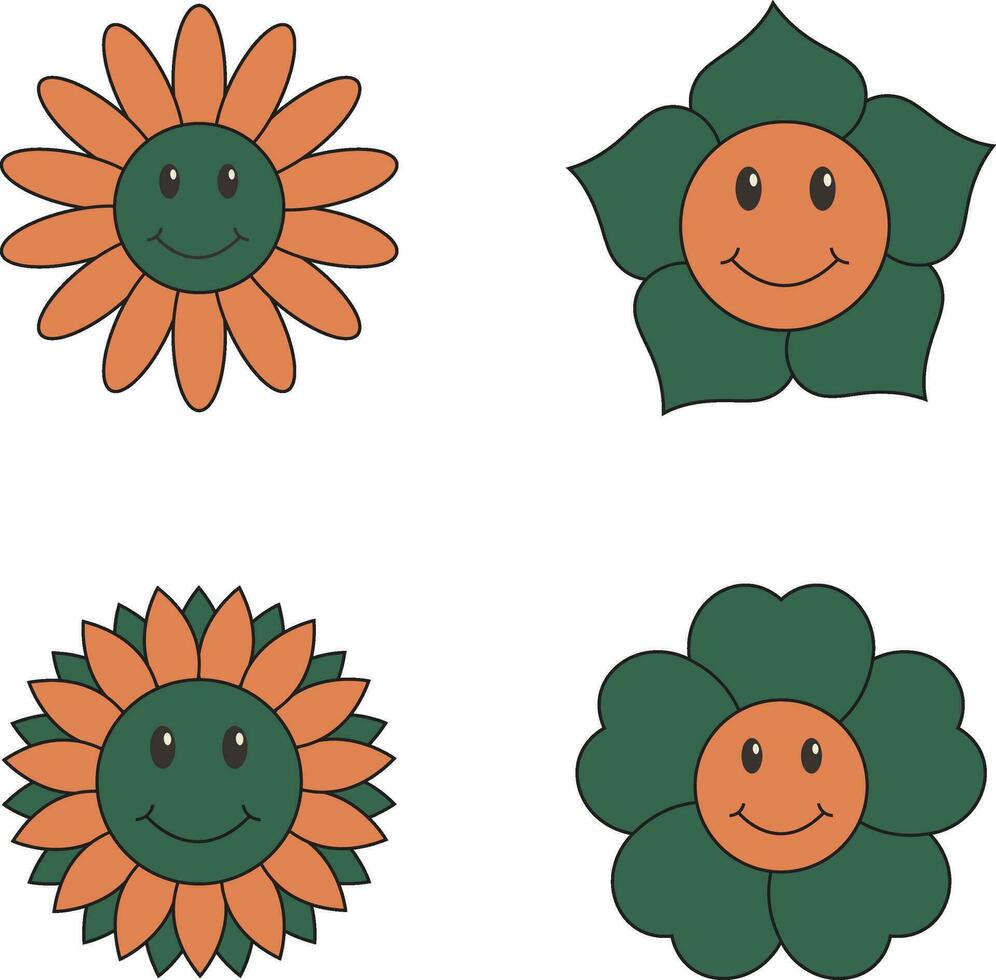 Groovy Flower Retro. Funny happy daisy with eyes and smile. Isolated vector illustration.