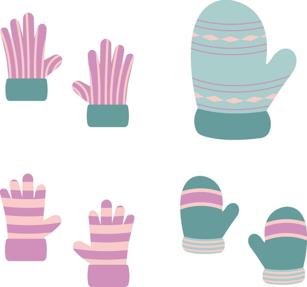 Winter Glove and mittens set. Cute colorful woven or knitted gloves for cold frosty weather isolated on white background. vector