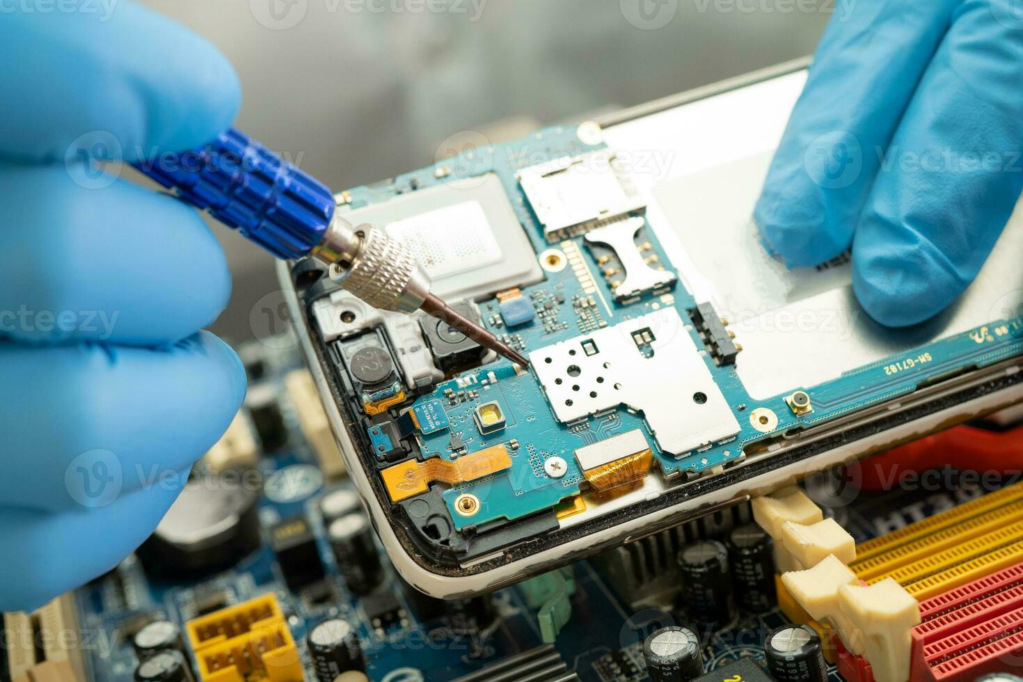 Repairing and upgrade mobile phone, electronic, computer hardware and technology concept. photo