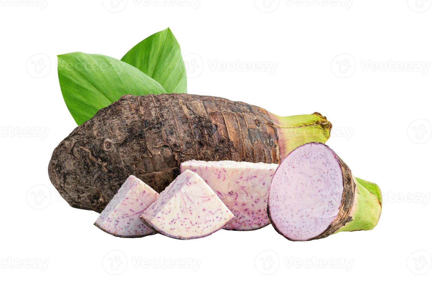 Taro root and slice isolated on white background. photo