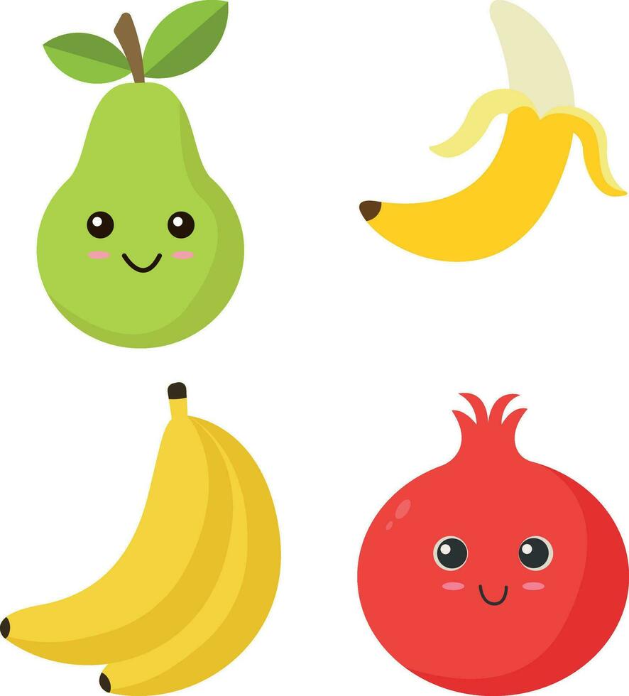 linda fruta, contento linda conjunto de sonriente Fruta caras. vector conjunto de plano dibujos animados ilustración iconos aislado en blanco antecedentes.