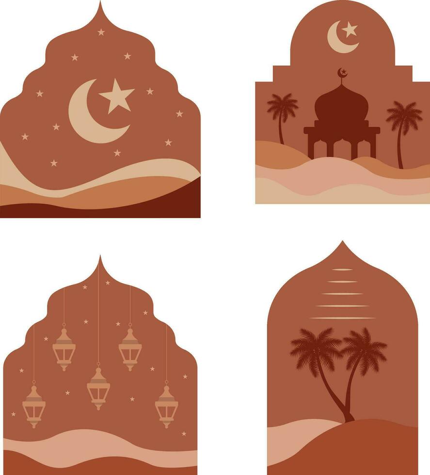 Boho Islamic. style Islamic windows and arches with modern boho design, moon, mosque dome and lanterns vector