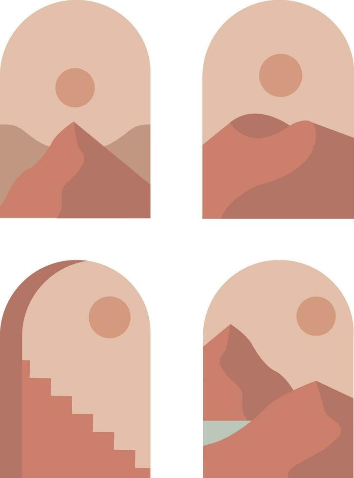 Boho Mountain Landscapes illustrations. Nature abstract landscape background. mountains, forests, sea, sky. Vector illustration.