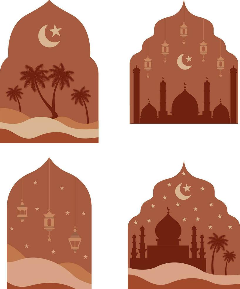 Boho Islamic. style Islamic windows and arches with modern boho design, moon, mosque dome and lanterns vector