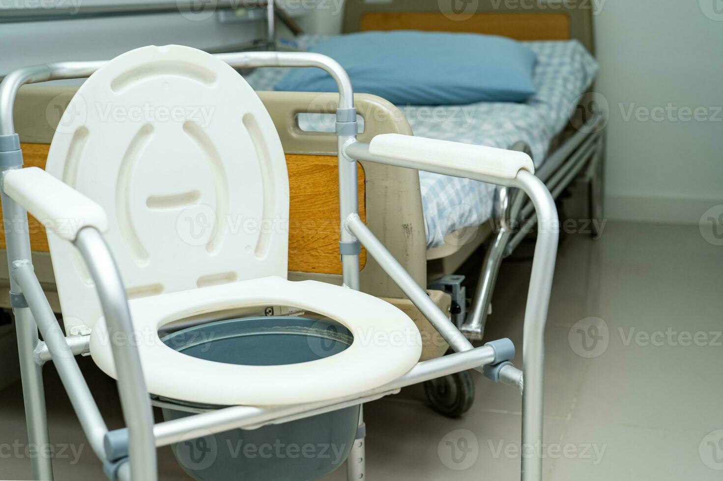 Flush toilet and shower chair in bathroom for old elder people. photo