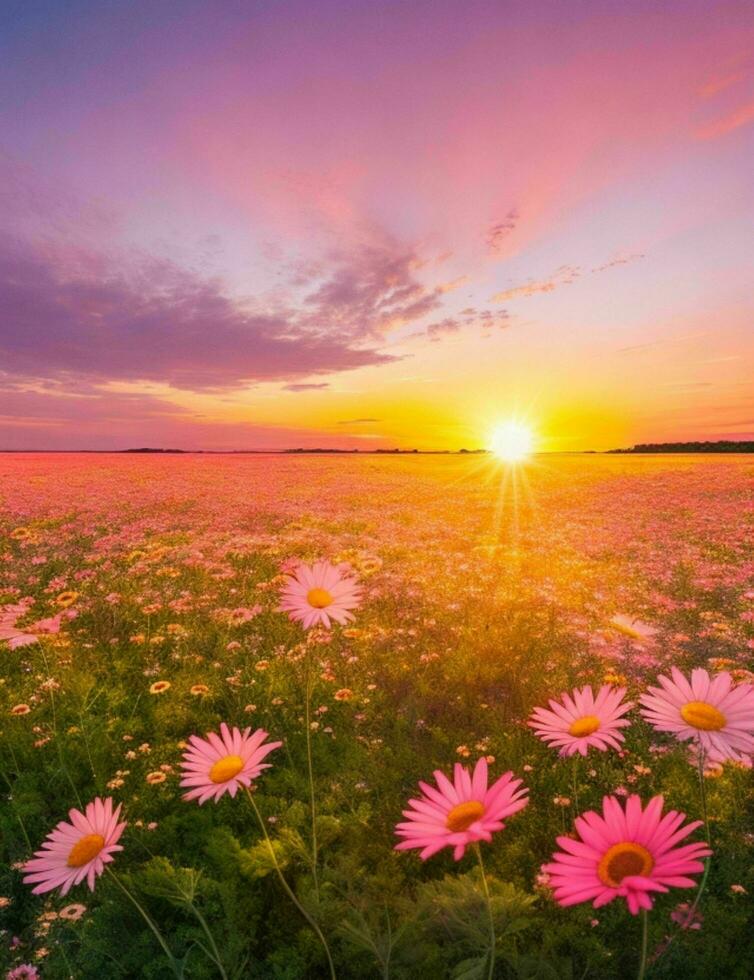 un bañado por el sol margarita campo extensión fuera a el horizonte, con un vibrante cielo de rosado y naranja matices foto