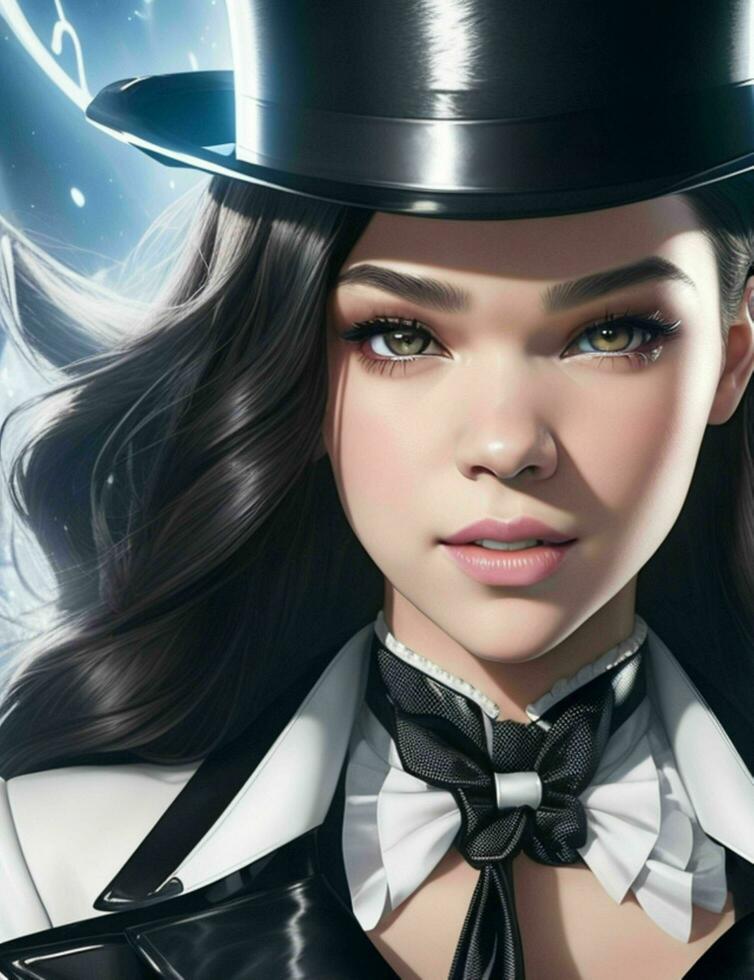 un de cerca de hailee steinfeld como zatanna zatara, su ojos brillante con mágico energía como ella yesos un deletrear, su parte superior sombrero, mallas medias, cuero pantalones, blanco camisa. foto