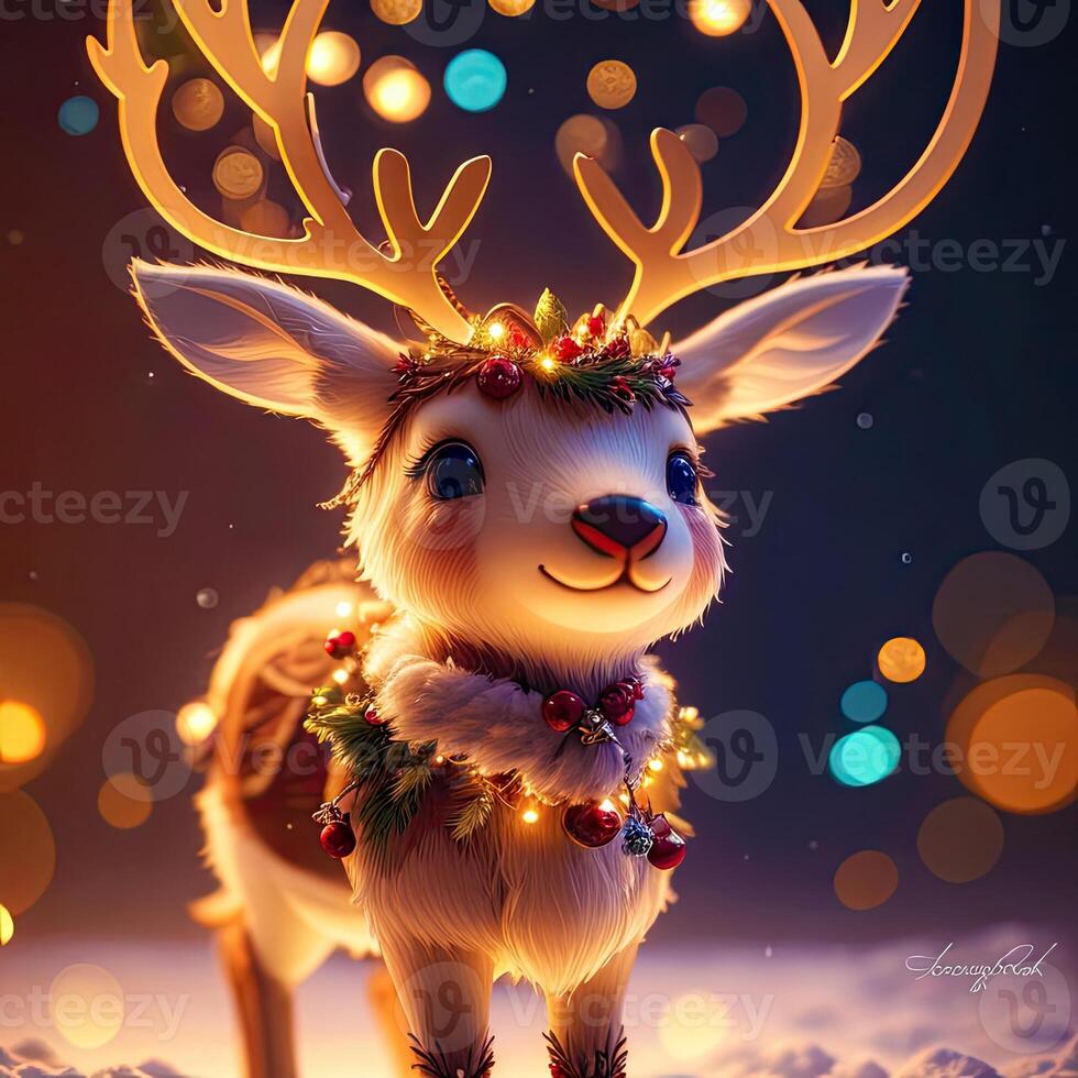White reindeer and gold glitter particles with light bokeh background,. photo