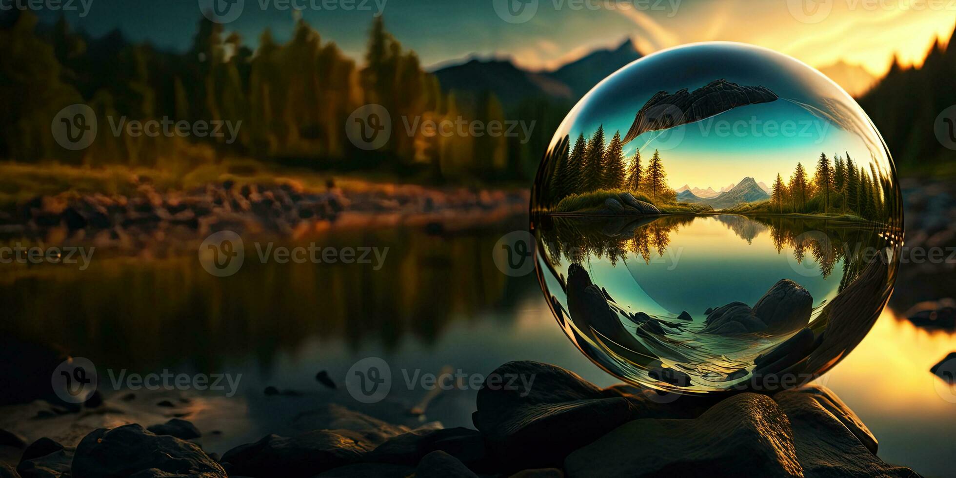 Perfect glass sphere with beautiful nature background,Generative AI. photo