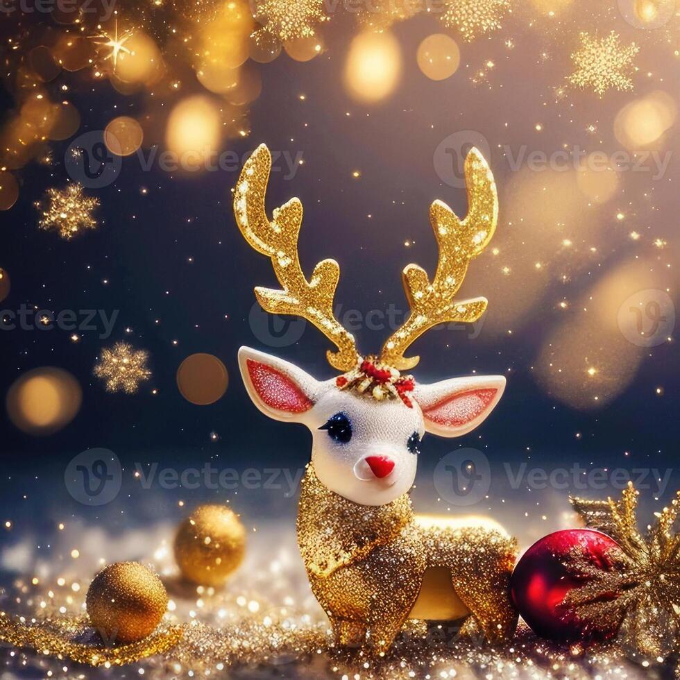 Gold reindeer and gold glitter particles with light bokeh background,. photo