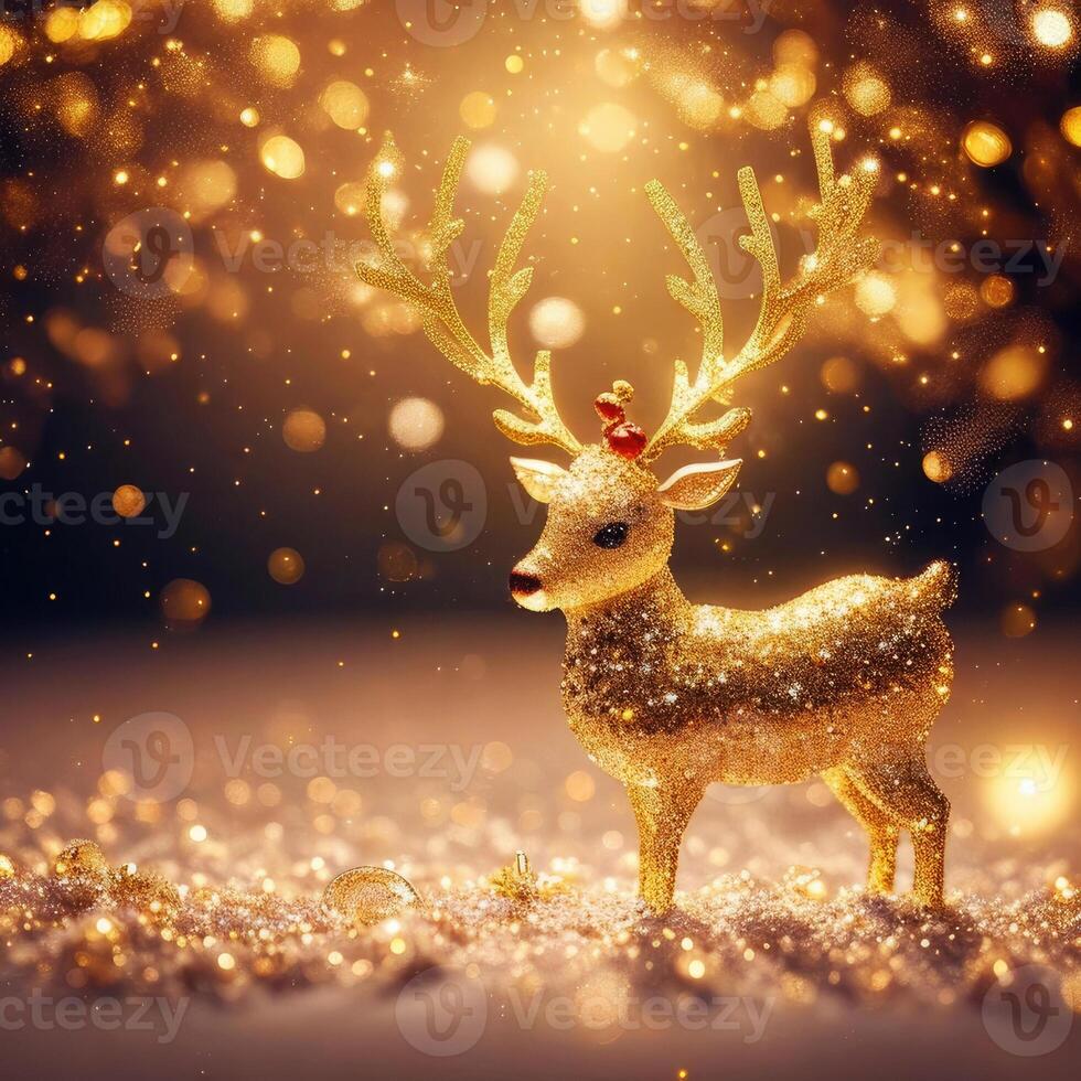 Gold reindeer and gold glitter particles with light bokeh background,. photo